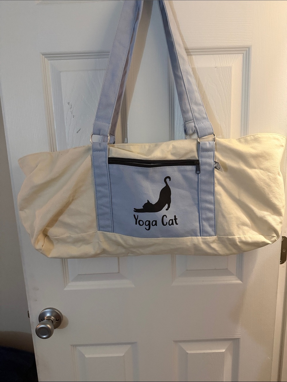 Yoga Cat Canvas Tote Bag in Light Blue & Cream yoga bag